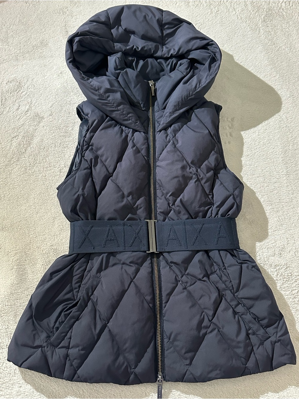 Armani Exchange A|X Puffer Vest Women XS NAVY Hooded Belted Quilted Zip Jacket